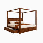 Homecrest Langton canopy bed in dark wood with a panel headboard and pull-out storage drawer on a white background.