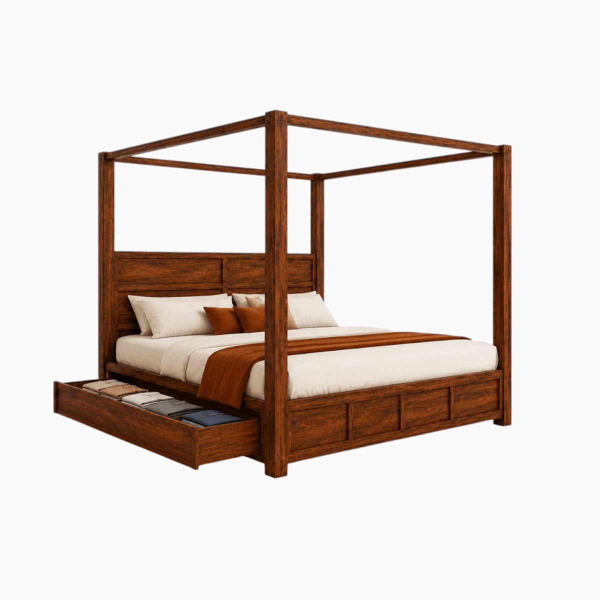 Homecrest Langton canopy bed in dark wood with a panel headboard and pull-out storage drawer on a white background.