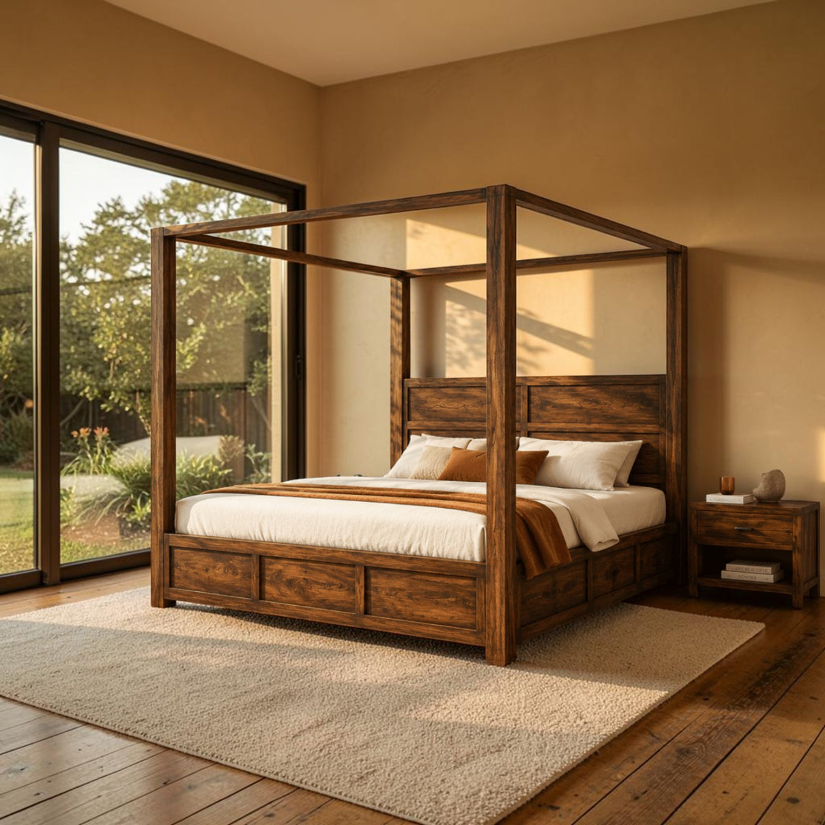 Homecrest Langton canopy bed in dark wood with a panel headboard and storage base in a sunlit bedroom setting