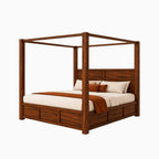 Homecrest Langton modern canopy bed in dark wood with a panelled headboard and base, styled with neutral bedding.