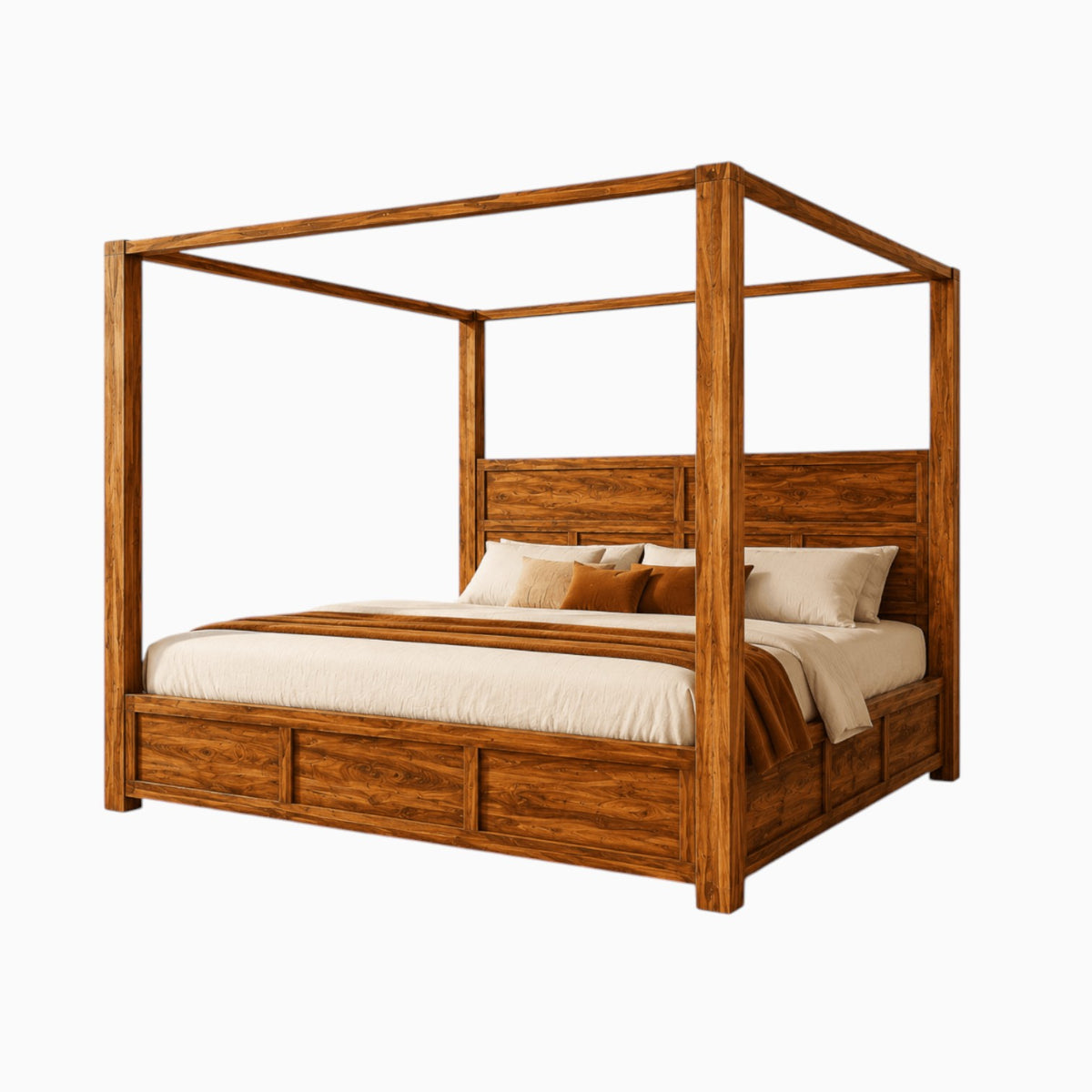 Homecrest Langton modern canopy bed in solid wood with a panel headboard and storage base in a warm teak finish.