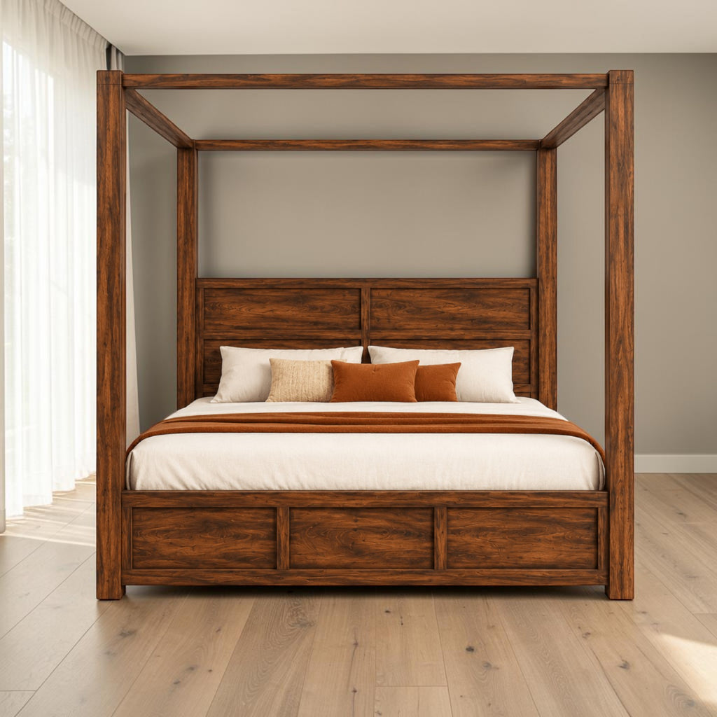 Homecrest Langton canopy bed in dark wood with a panel headboard and four-post frame in a modern bedroom setting.