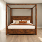 Homecrest Langton canopy bed in dark wood with a panel headboard and four-post frame in a modern bedroom setting.