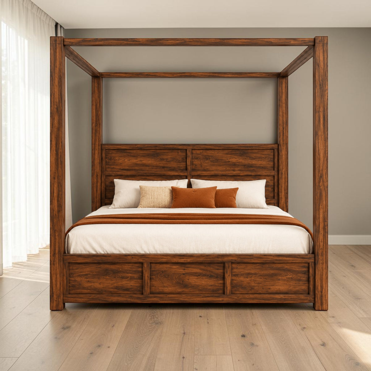 Homecrest Langton canopy bed in dark wood with a panel headboard and four-post frame in a modern bedroom setting.