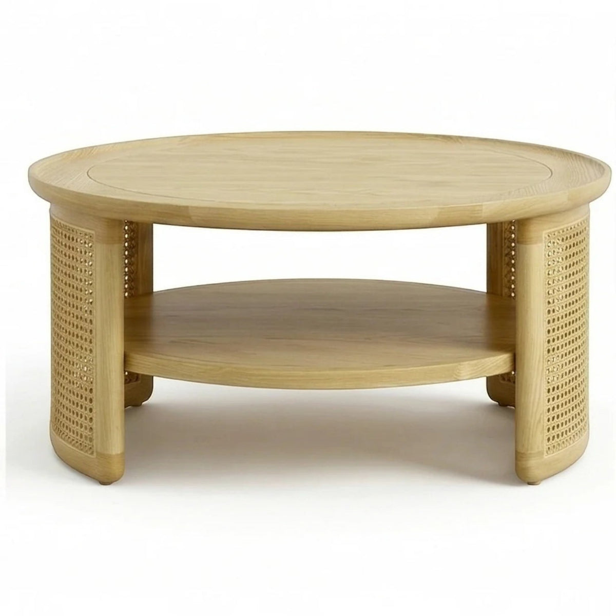 Homecrest Juno round coffee table in light natural wood with woven cane side panels and a lower circular shelf.