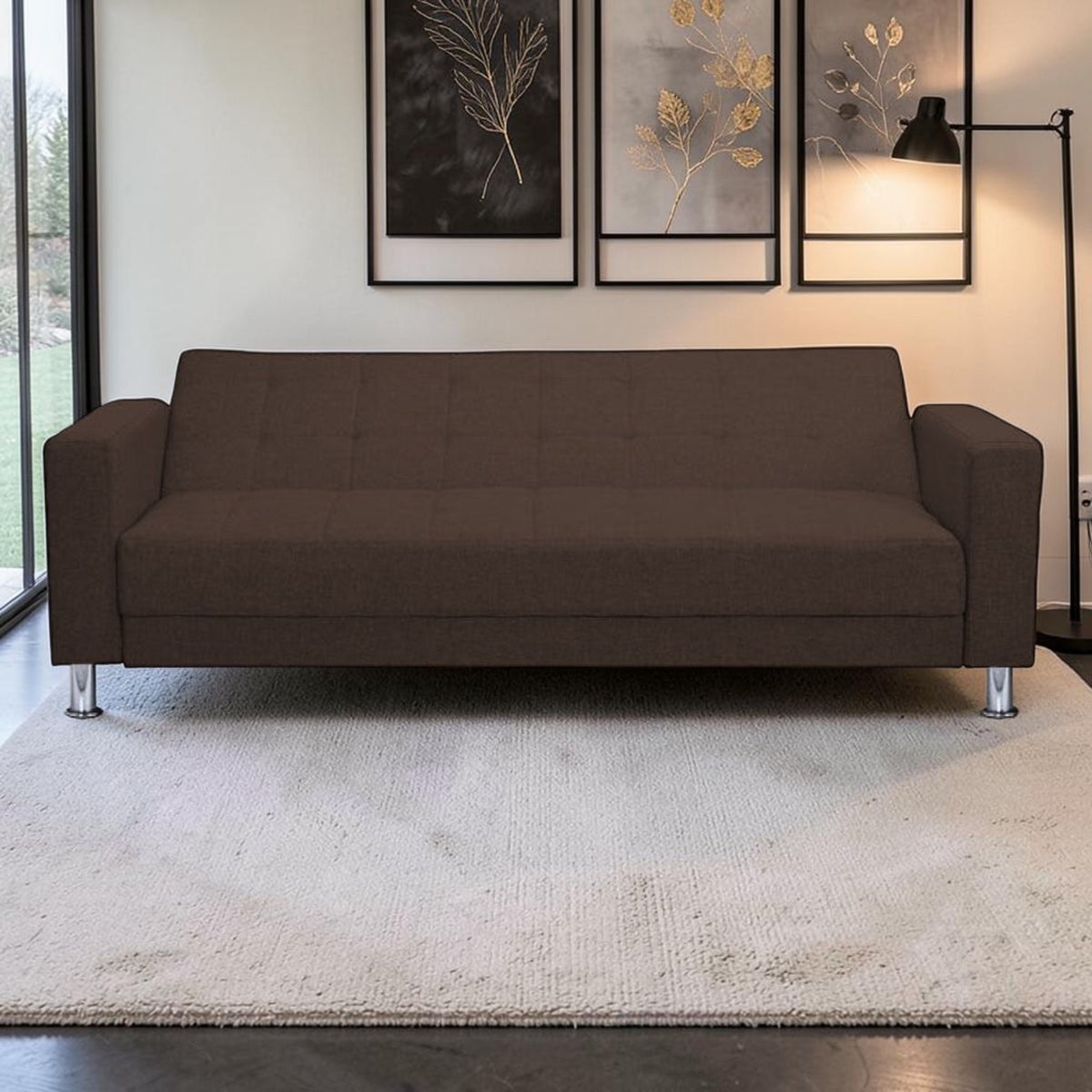 Homecrest Kesler brown polyester three-seater sofa cum bed with a solid wood frame and modern chrome legs