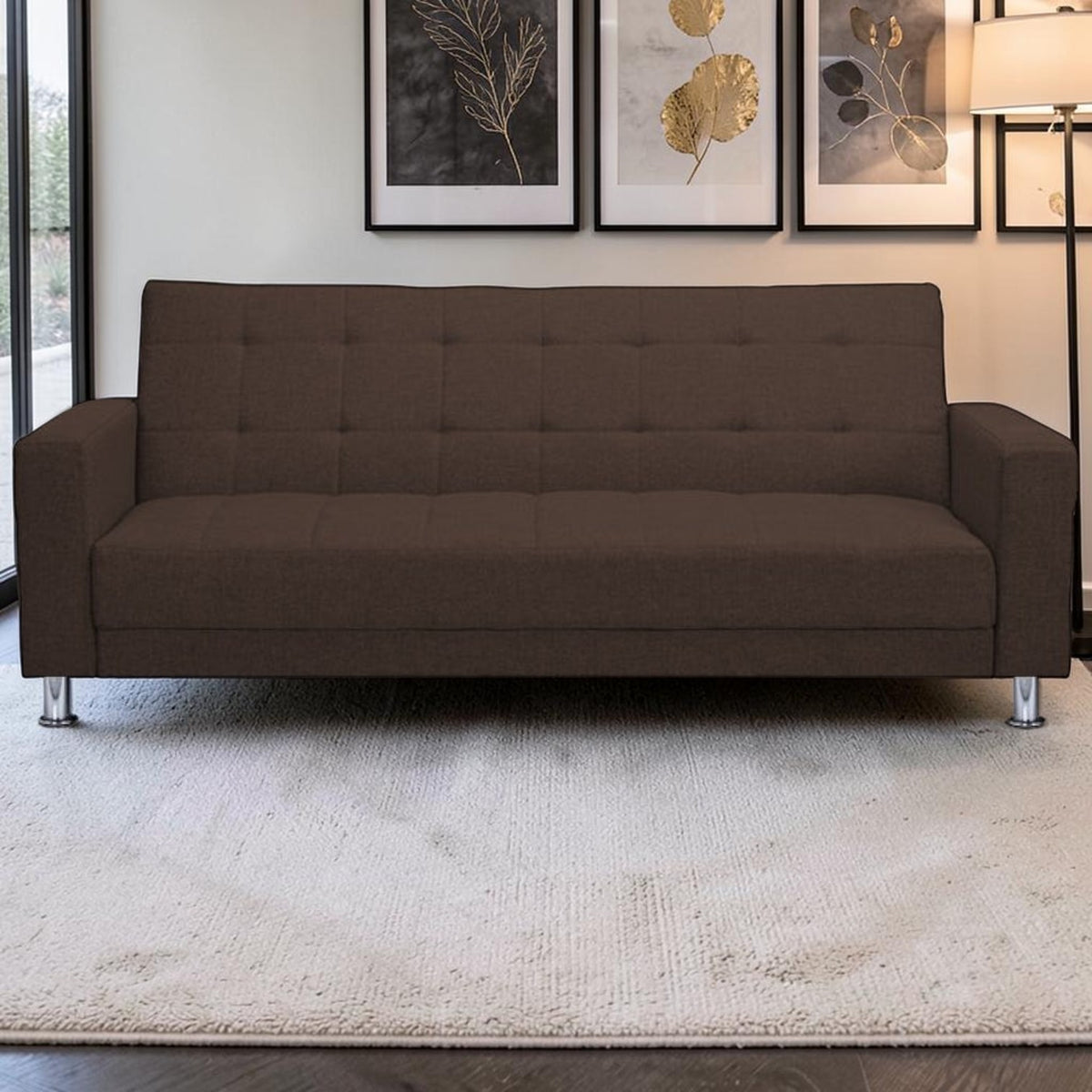 Homecrest Kesler compact brown polyester sofa cum bed with tufted back and chrome legs in a modern living room