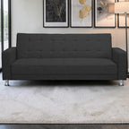 Homecrest Kesler dark grey polyester three-seater sofa cum bed with tufted back and chrome legs in a modern living room