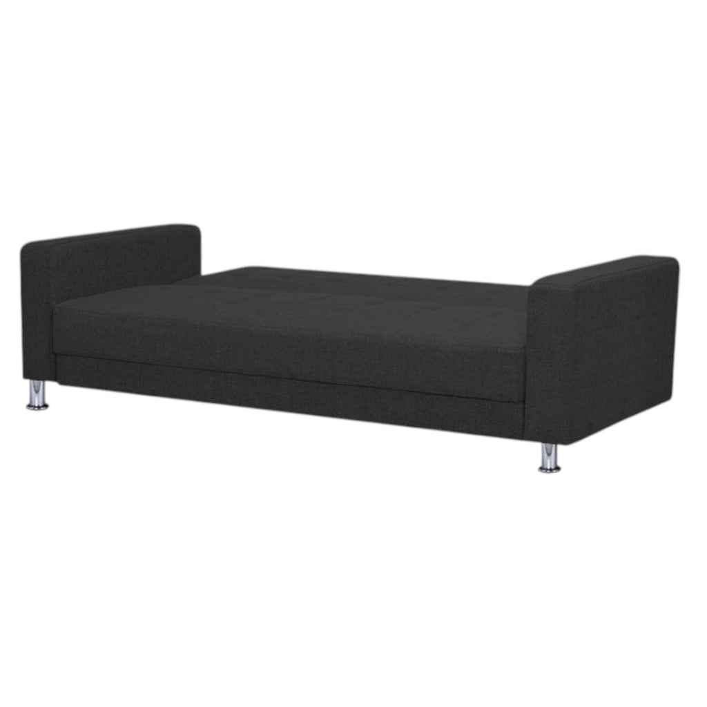 Homecrest Kesler compact sofa cum bed in dark grey polyester fabric with a solid wood frame and chrome legs