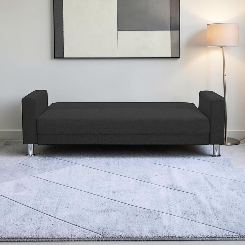 Homecrest Kesler compact dark grey polyester sofa cum bed with solid wood frame and modern silver legs in a living room