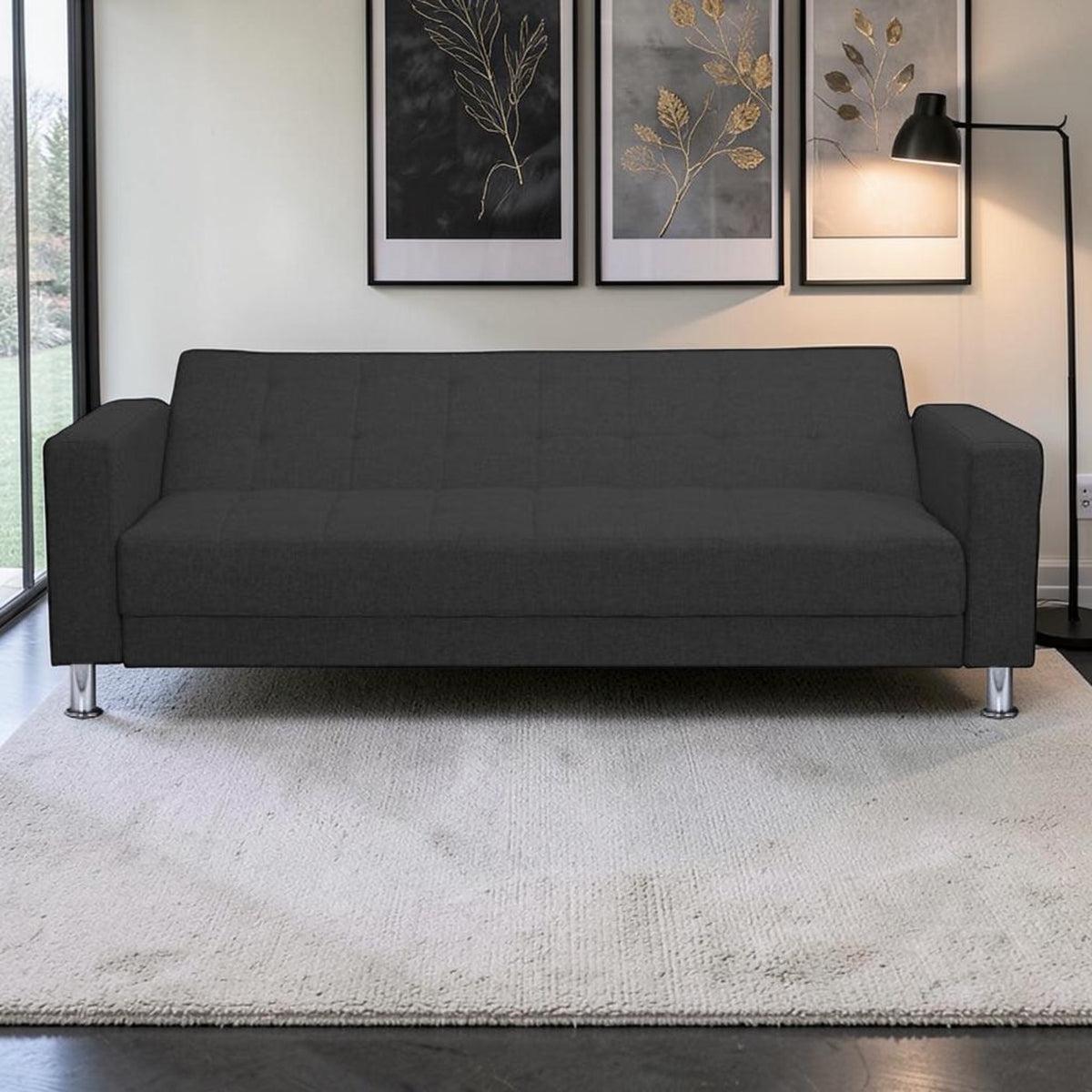 Homecrest Kesler dark grey polyester three-seater sofa cum bed with a solid wood frame and modern chrome legs.