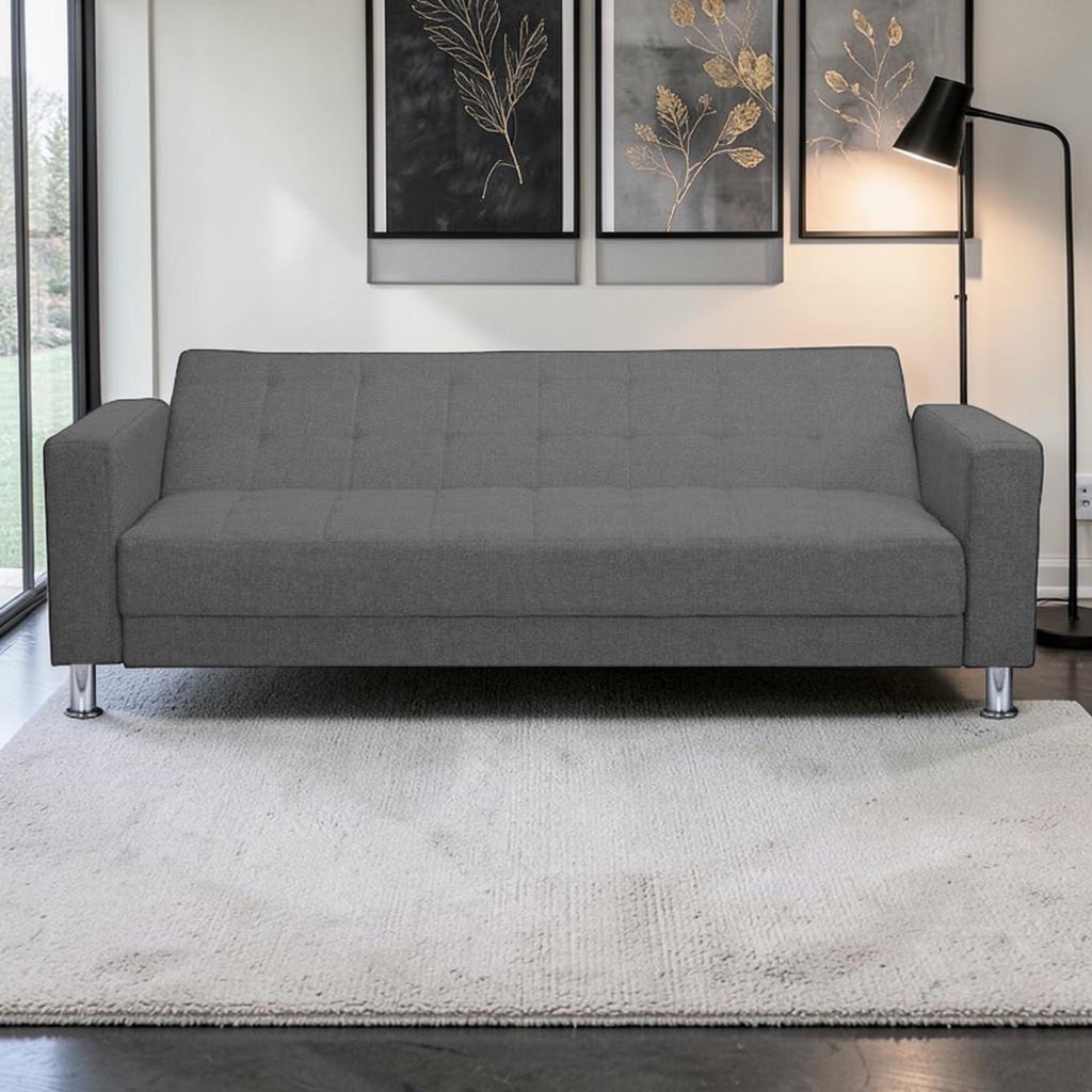 Homecrest Kesler compact three-seater sofa cum bed in light grey polyester fabric with a solid wood frame