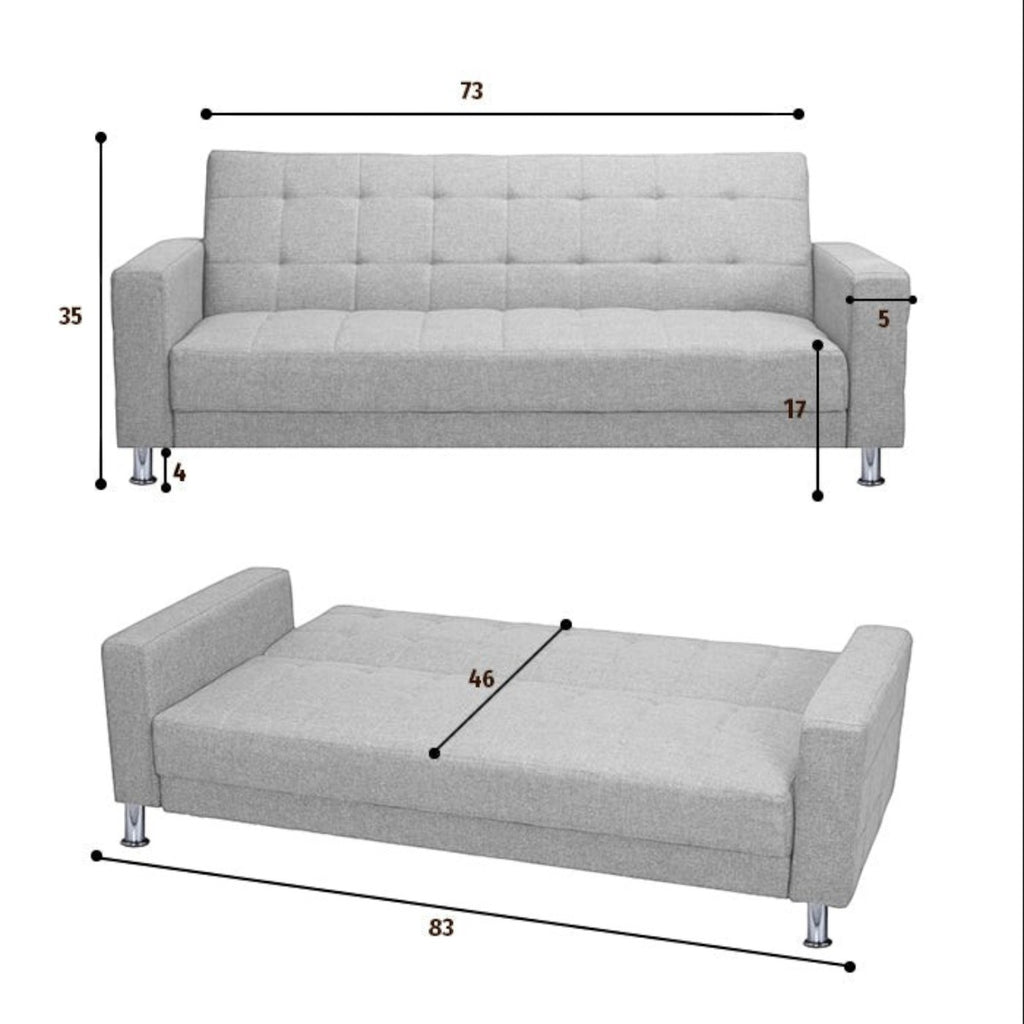 Homecrest Kesler light grey polyester sofa cum bed showing dimensions for sofa and bed configurations