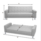 Homecrest Kesler light grey polyester sofa cum bed showing dimensions for sofa and bed configurations