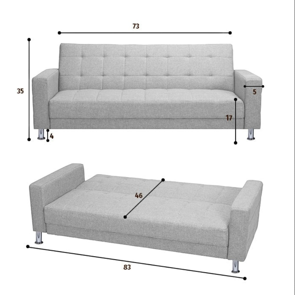 Homecrest Kesler light grey polyester sofa cum bed showing dimensions for sofa and bed configurations