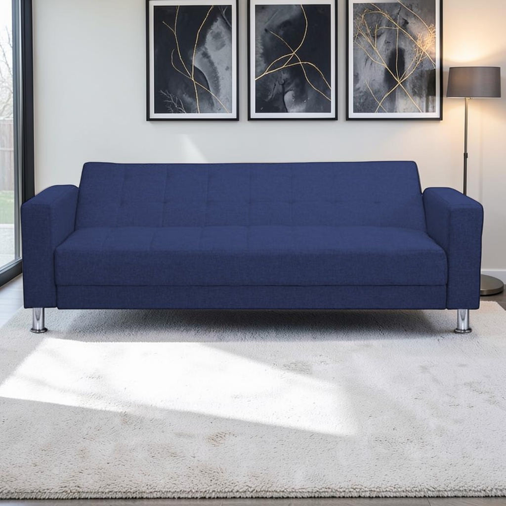 Homecrest Kesler navy blue three-seater sofa cum bed with polyester fabric upholstery and solid wood frame