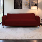 Homecrest Kesler compact three-seater sofa bed in deep red polyester fabric with a solid wood frame and chrome legs.