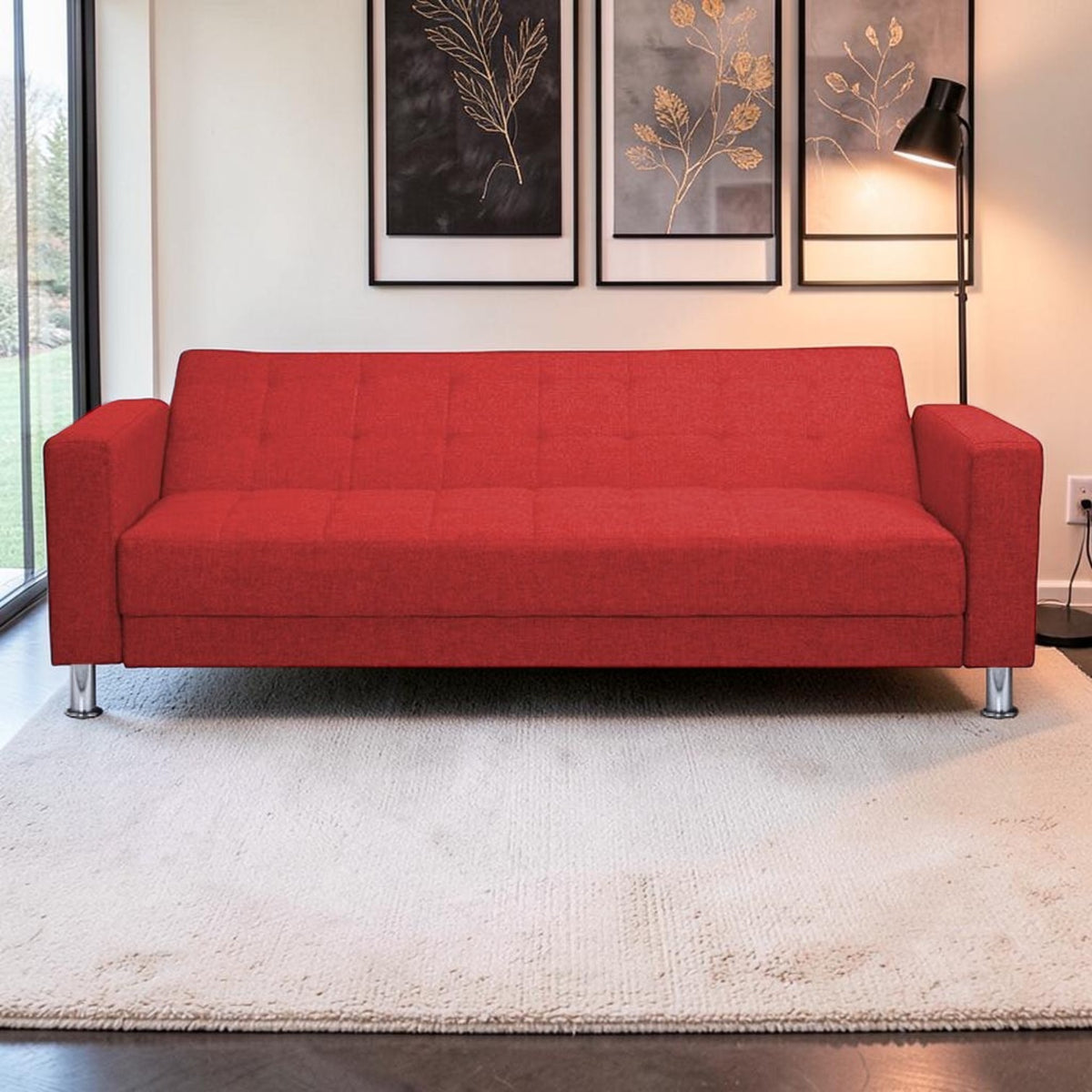 Homecrest Kesler red polyester three-seater sofa cum bed with a solid wood frame and modern chrome legs