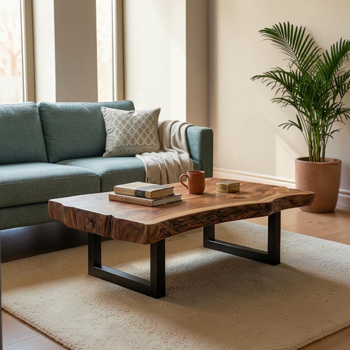 Homecrest Kestrel live edge solid wood coffee table with a black metal frame in a modern living room setting.