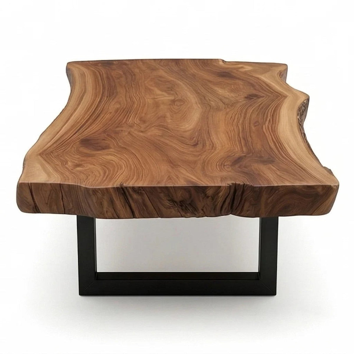 Homecrest Kestrel live edge coffee table with a natural solid wood slab top and black powder-coated metal frame.