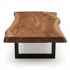 Homecrest Kestrel coffee table with a natural solid wood live edge slab top and black powder-coated metal frame.