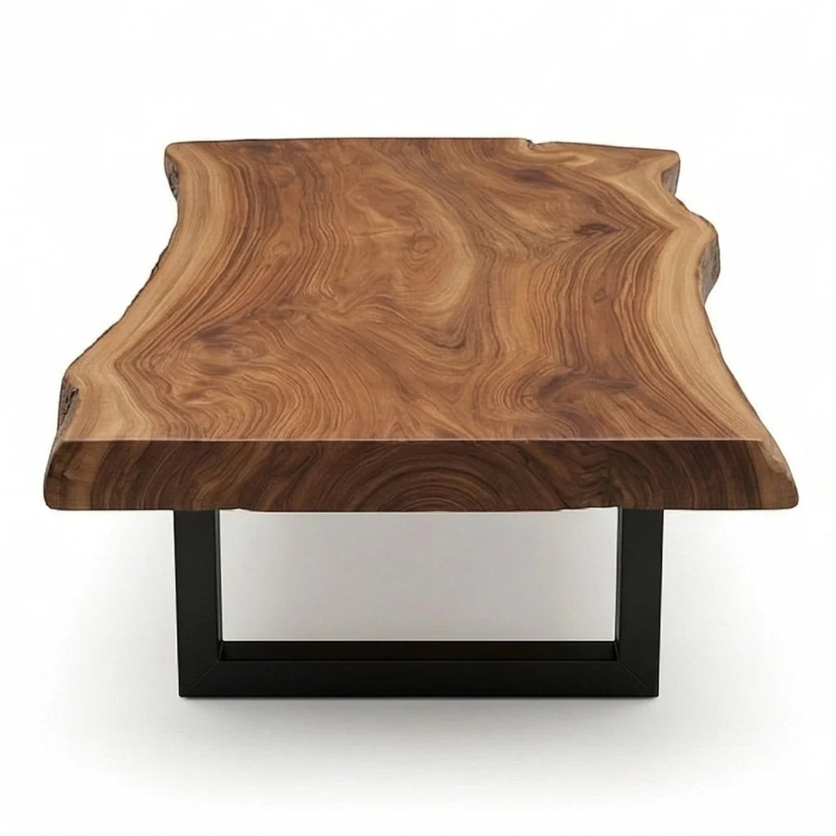 Homecrest Kestrel coffee table with a natural solid wood live edge slab top and black powder-coated metal frame.