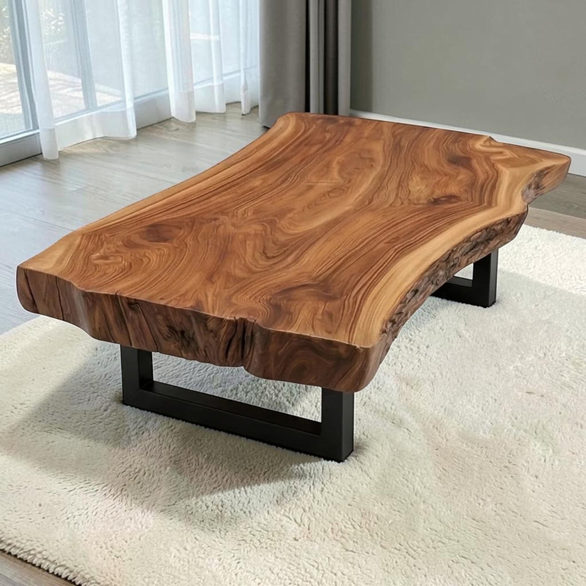Homecrest Kestrel coffee table featuring a natural live edge solid wood slab top on a black metal frame.