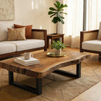 Homecrest Kestrel live edge coffee table with a natural solid wood slab top and black metal frame in a living room