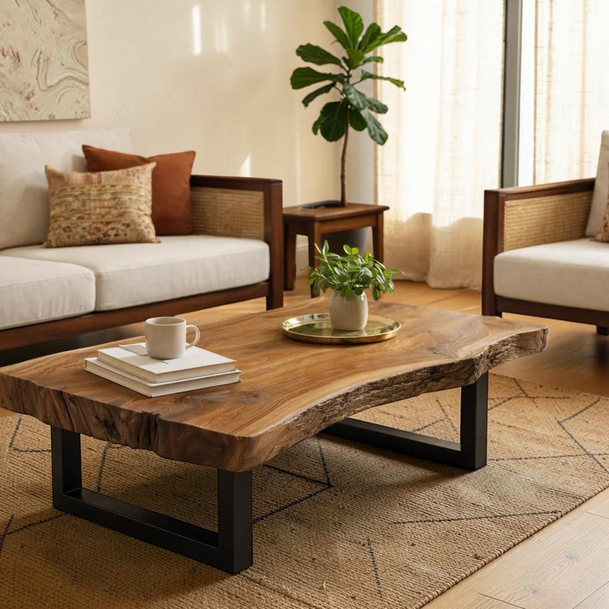 Homecrest Kestrel live edge coffee table with a natural solid wood slab top and black metal frame in a living room