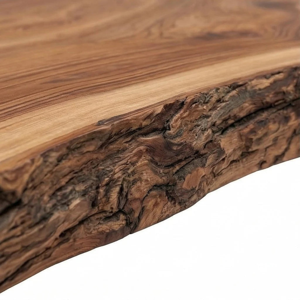 Homecrest Kestrel coffee table featuring a natural solid wood slab with a rustic live edge and organic wood grain