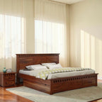 Homecrest king size bed in honey finish solid sheesham wood featuring two storage drawers and a slatted headboard.