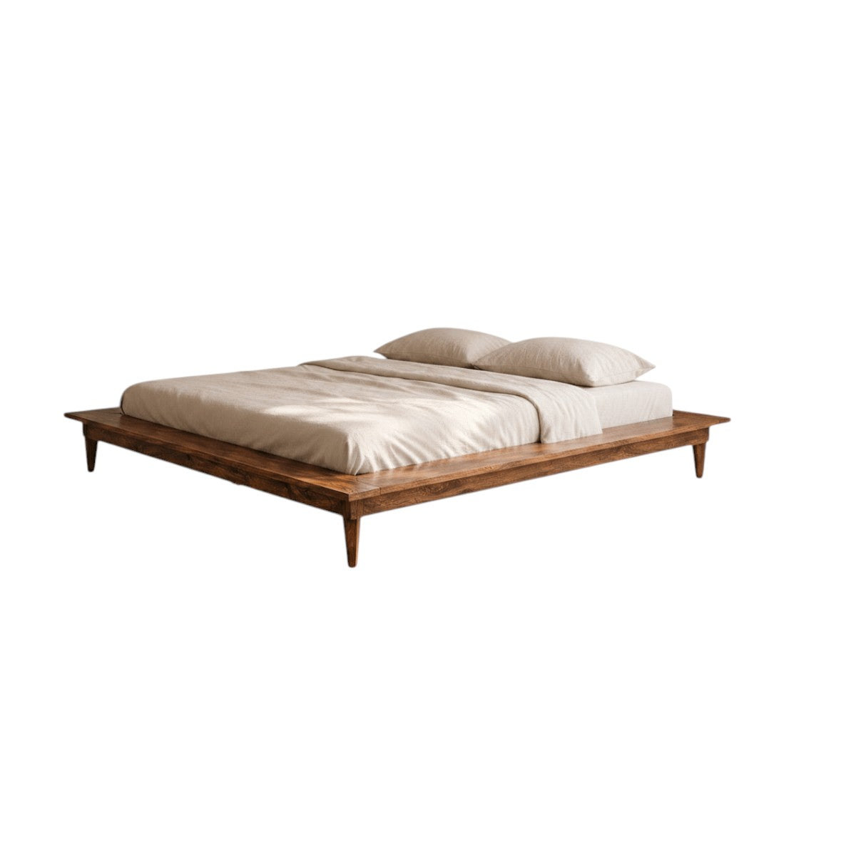 Homecrest Lyra low floor platform bed in solid Sheesham wood with tapered legs and no headboard