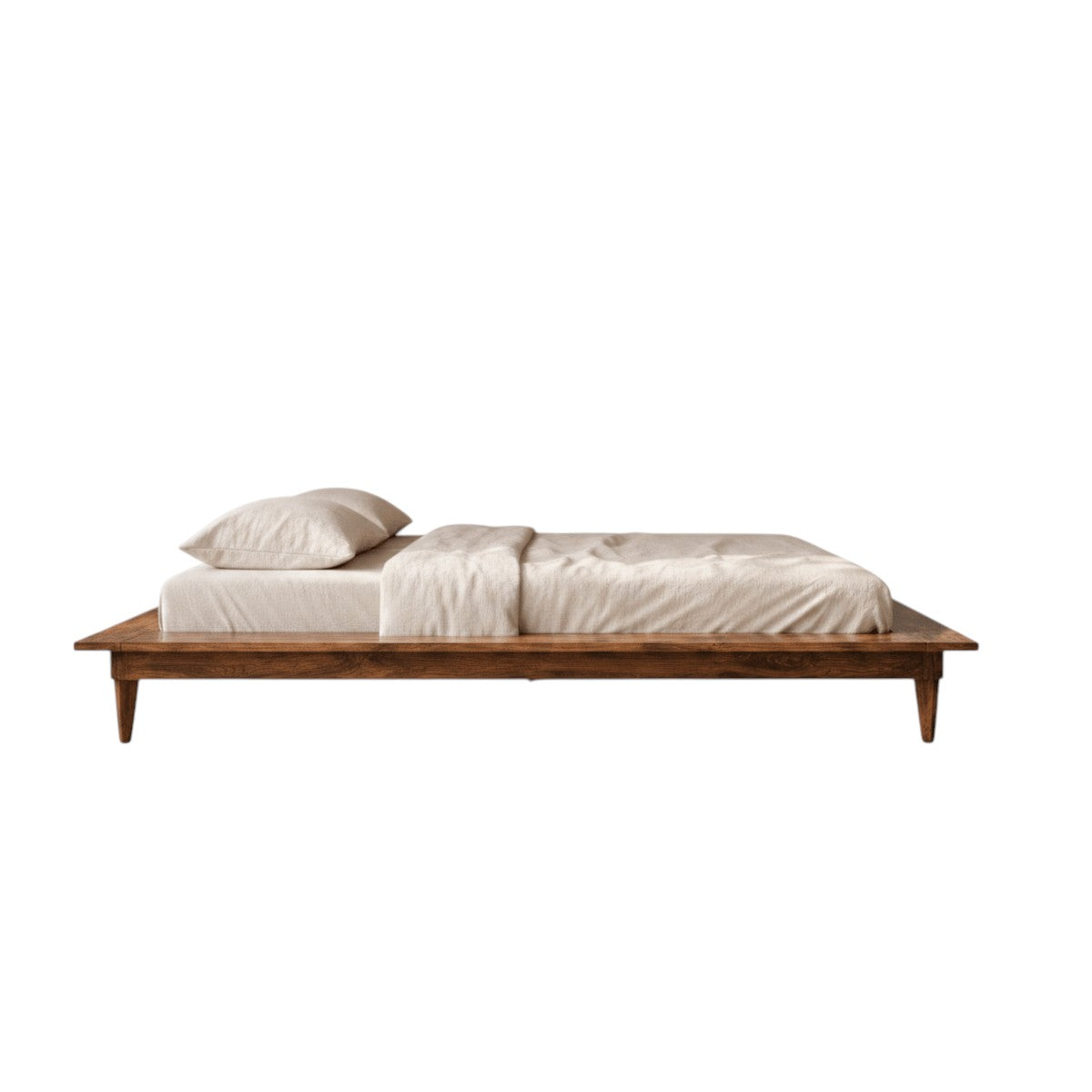 Homecrest Lyra low floor platform bed in solid Sheesham wood with tapered legs and no headboard