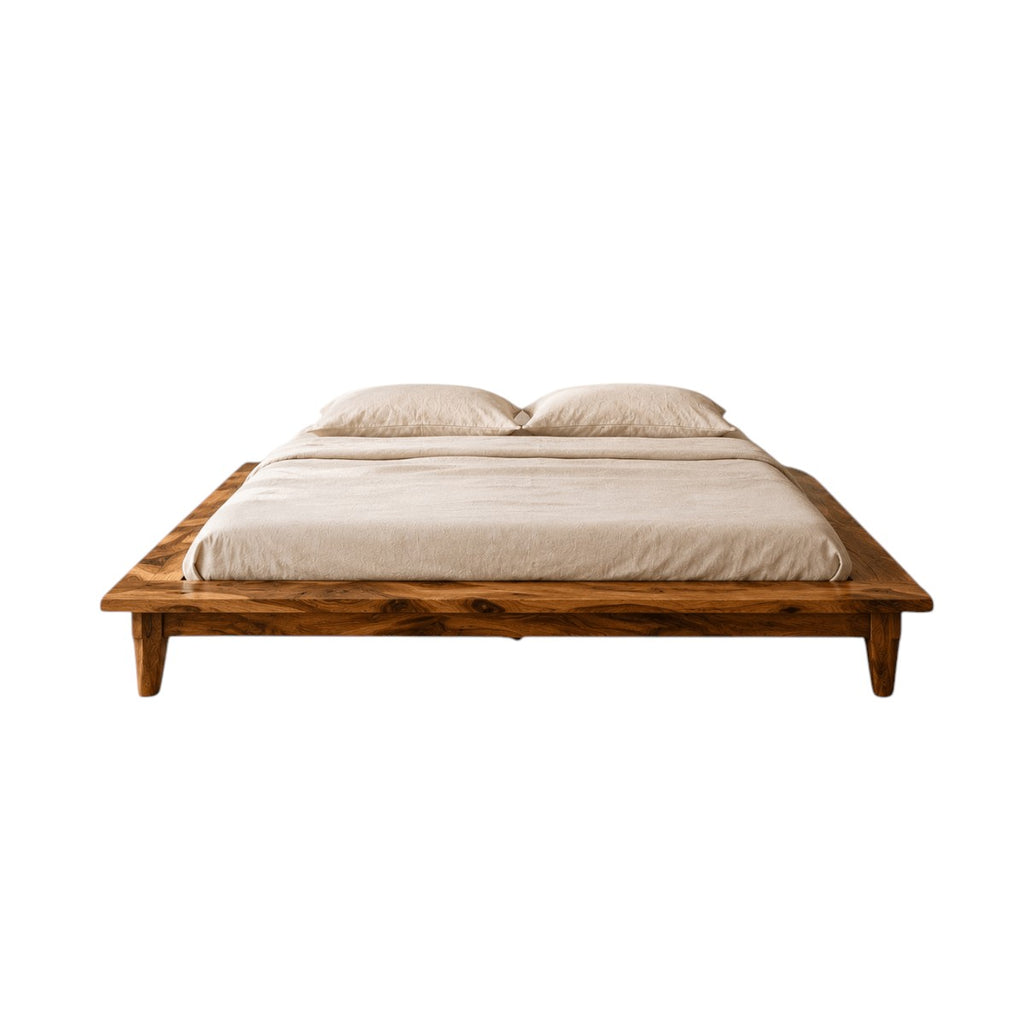 Homecrest Lyra low floor platform bed made of solid Sheesham wood with a natural grain and tapered legs.