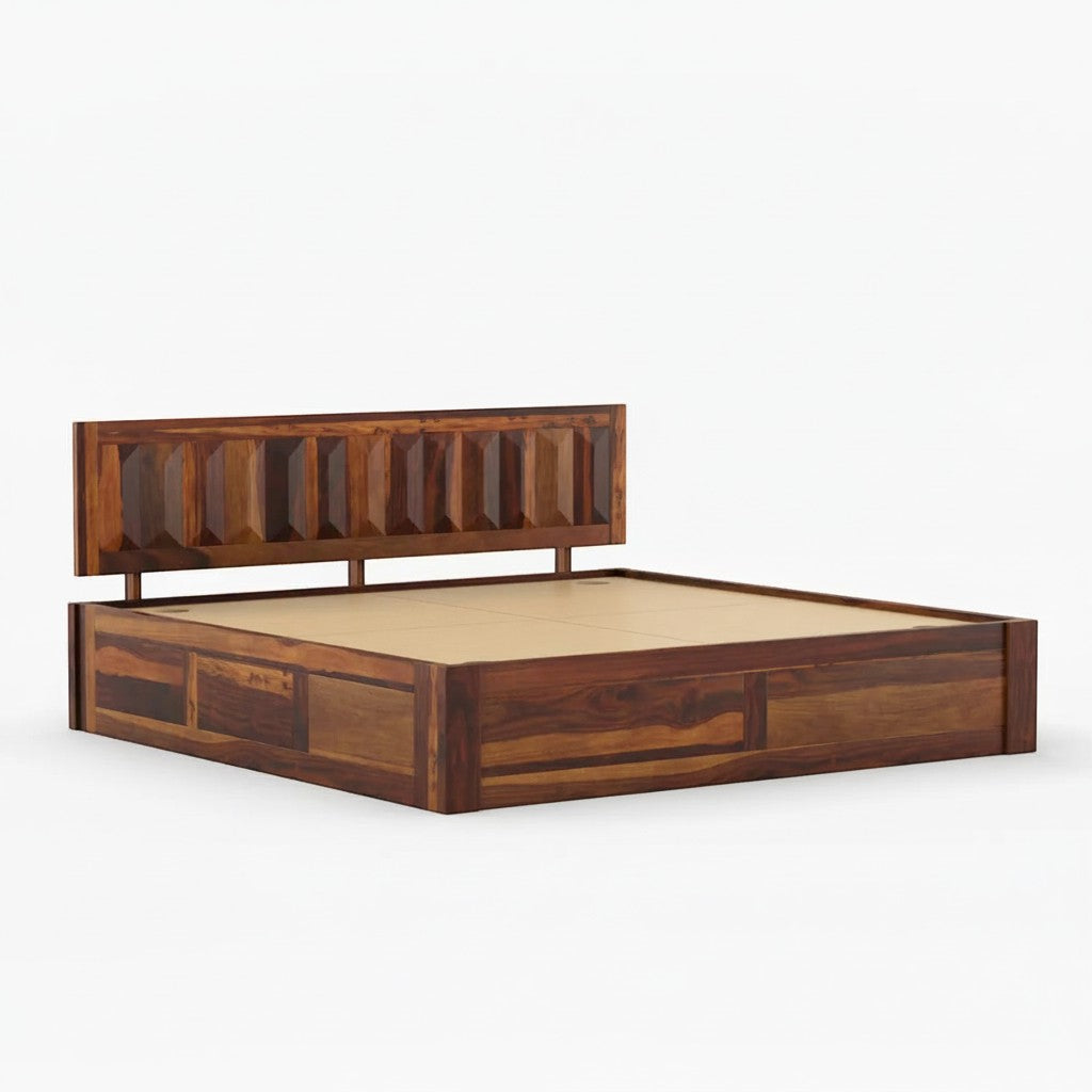Homecrest La-Diode platform bed in solid sheesham wood with a geometric pattern headboard and box storage base.