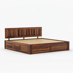 Homecrest La-Diode platform bed in solid sheesham wood with a geometric pattern headboard and box storage base.