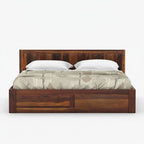Homecrest La-Diode solid sheesham wood platform bed with a geometric headboard and integrated storage drawers