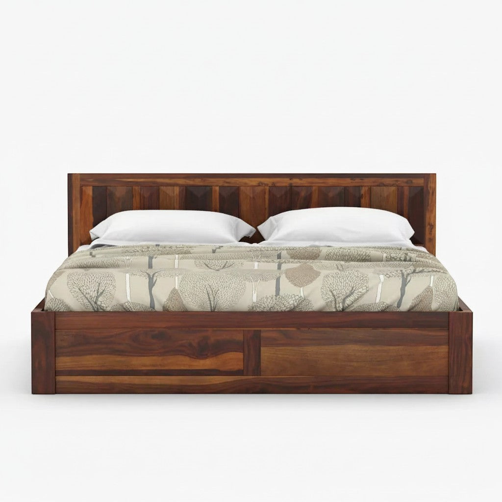 Homecrest La-Diode solid sheesham wood platform bed with a geometric headboard and integrated storage drawers