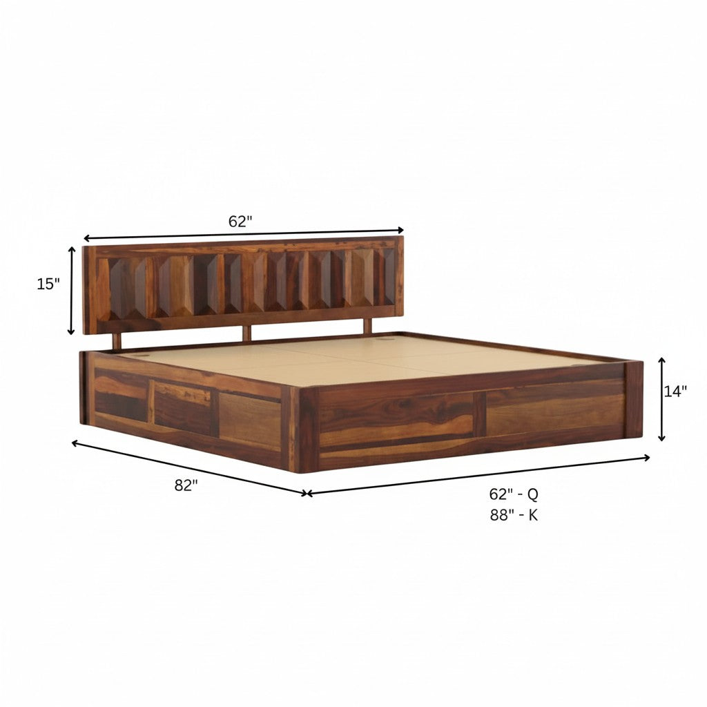 Homecrest La-Diode solid sheesham wood platform bed with a geometric patterned headboard and dimensions shown.