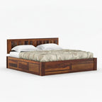 Homecrest La-Diode platform bed in solid sheesham wood with a geometric pattern headboard and storage base.