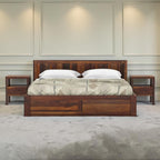 Homecrest La-Diode solid sheesham wood platform bed with geometric headboard and matching bedside tables in dark finish