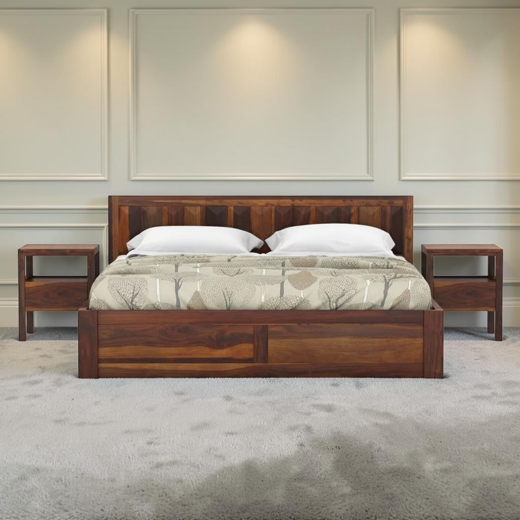 Homecrest La-Diode solid sheesham wood platform bed with geometric headboard and matching bedside tables in dark finish