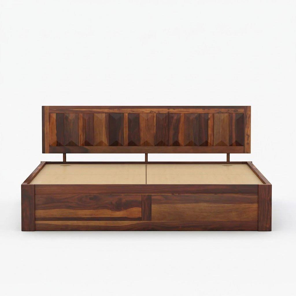 Homecrest La-Diode solid sheesham wood platform bed featuring a dark wood finish and geometric pattern headboard.
