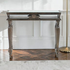 Homecrest Larkin linear console table in warm brown sheesham wood with a matt finish and elegant turned legs.