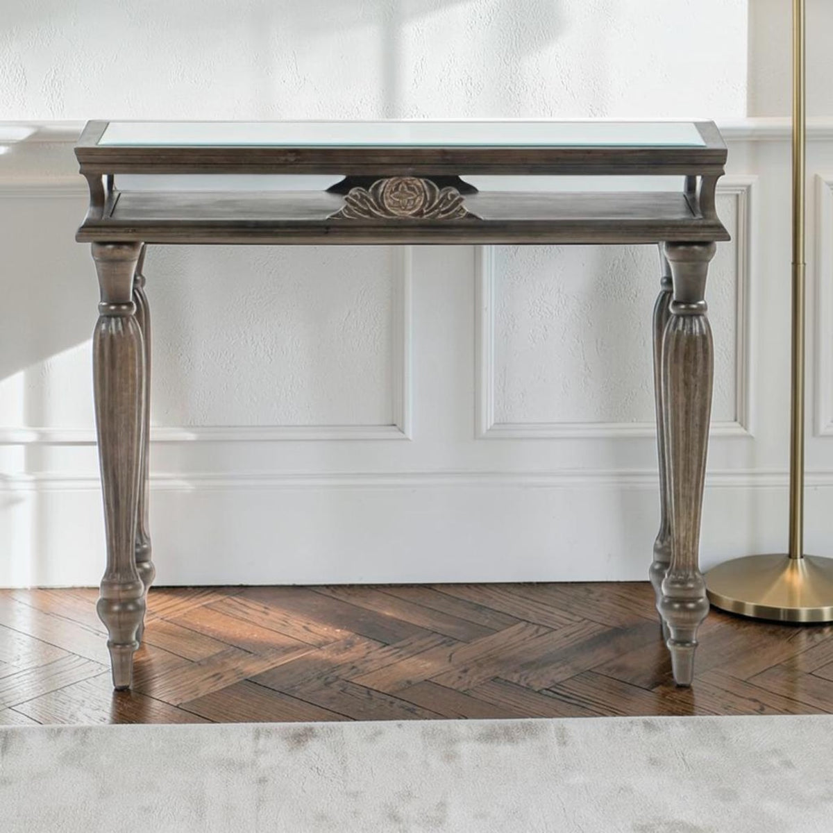 Homecrest Larkin linear console table in warm brown sheesham wood with a matt finish and elegant turned legs.