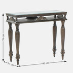 Homecrest Larkin console table in brown sheesham wood with a glass top and ornate carved legs