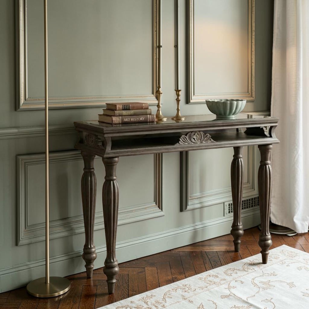 Homecrest Larkin console table in warm brown sheesham wood with a matt finish and elegant carved detailing.
