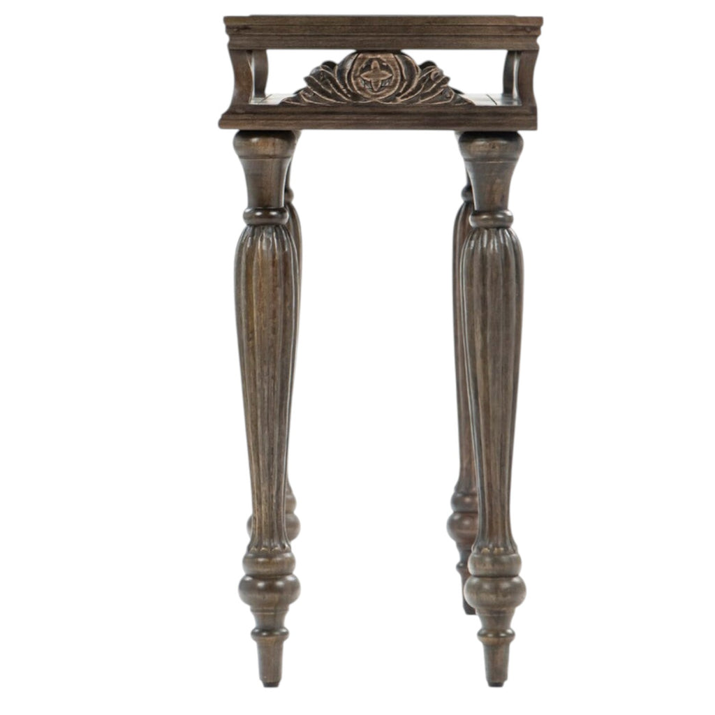 Homecrest Larkin console table in warm brown sheesham wood with carved detailing and elegant turned legs