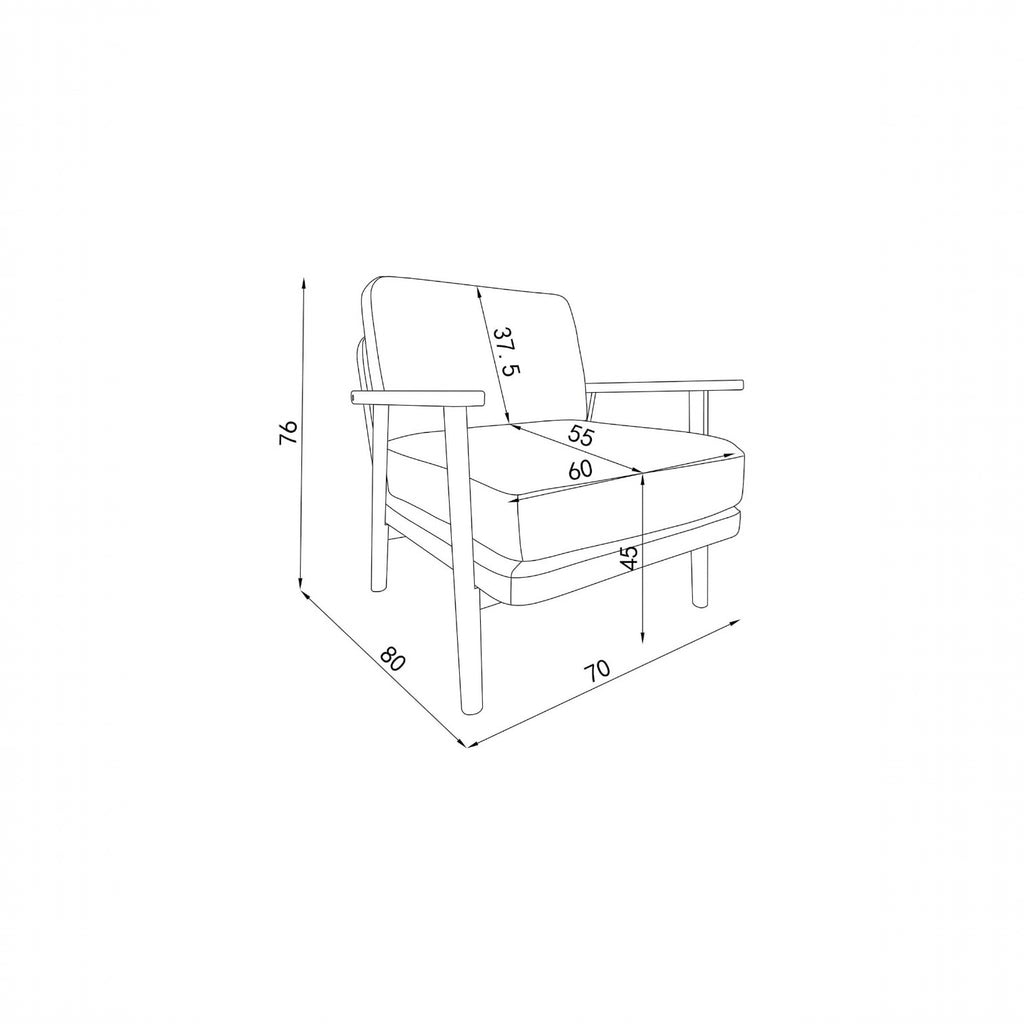 Homecrest Lars Scandi accent chair technical line drawing with dimensions showing seat height and overall depth