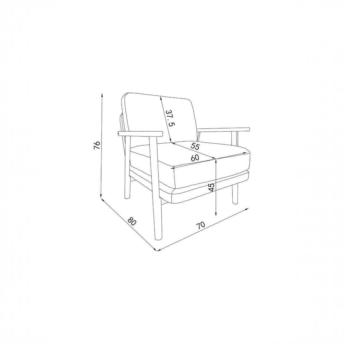 Homecrest Lars Scandi accent chair technical line drawing with dimensions showing seat height and overall depth
